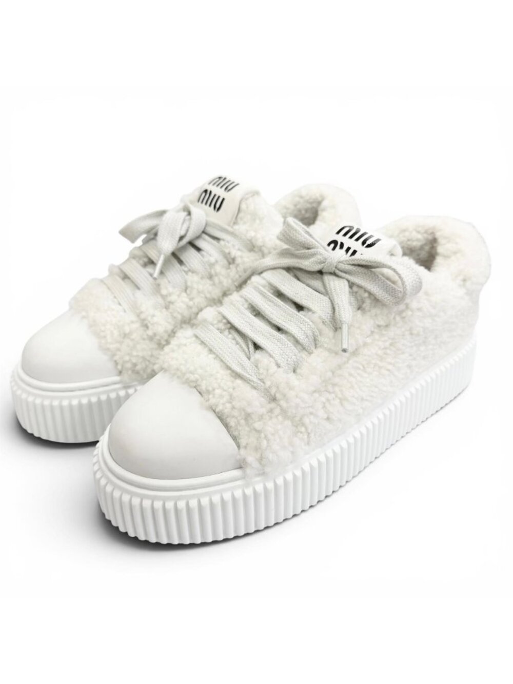 Miu Miu 988 Logo Fleece Shearling Lace Up Sneakers White